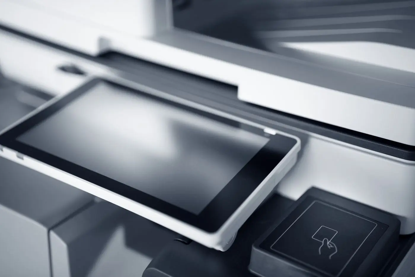 The control panel of a sheet-fed digital printer