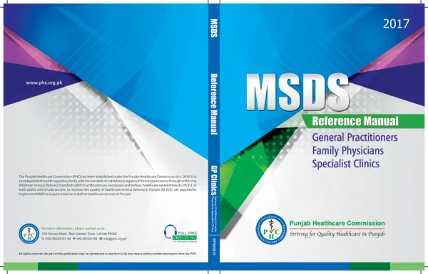 Cover artwork of the 2017 Punjab Healthcare Commission MSDS reference manual for general practitioners, family physicians and specialist clinics