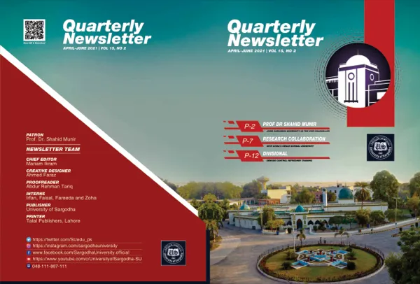 Cover spread of the University of Sargodha quarterly newsletter, April to June 2021, crediting Talal Publishers as printer